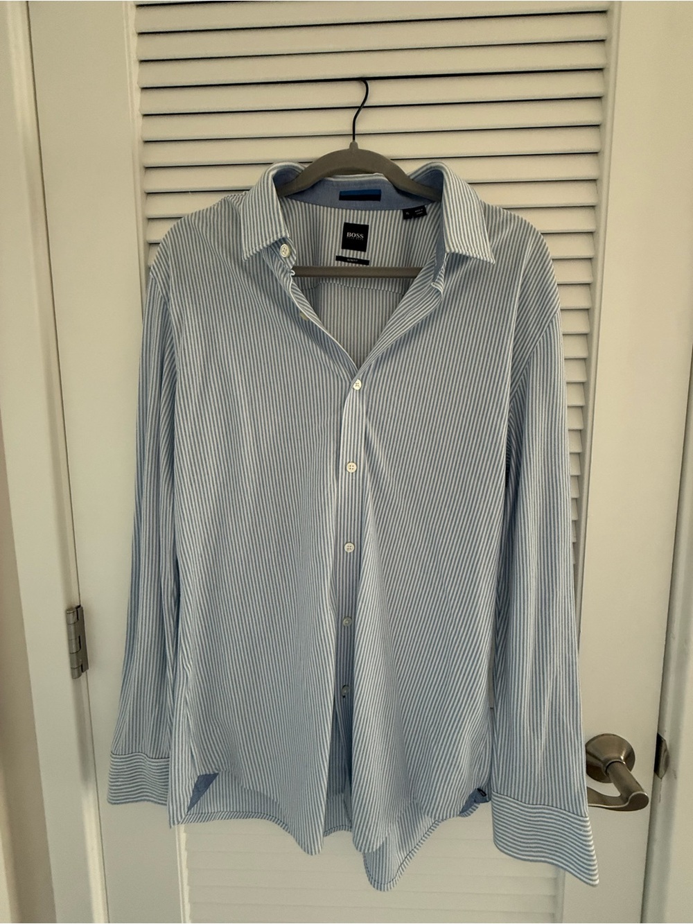 BOSS Men’s Sky Blue Fine-Striped Dress Shirt